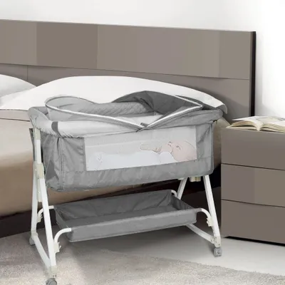 Produktbild von 3in 1 Beistellbett & Babywiege & Reisebett Höhenverstellbar Babybett, neigbar, Kinderbett inkl. Matratze und Moskitonetz Grau