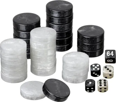 Produktbild von Backgammon Spielsteine groß 34x10mm Kunststoff schwarz/weiß mit Würfeln