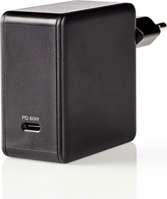 A black USB-C power adapter with 'PD 60W' text and a USB-C port visible.