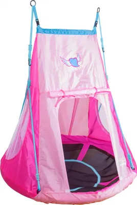 A pink and blue hanging tent with a heart and wings graphic.