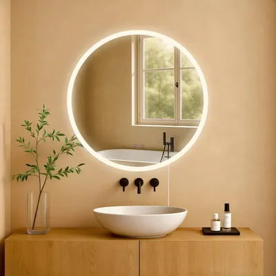 Image de Miroir de salle de bain Laconia avec éclairage LED et fonction anti-buée | Couleur : transparent/verre | Dimensions : 60 x 3,5 x 60 cm