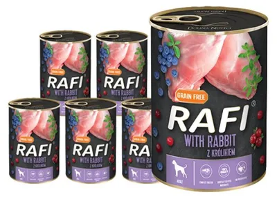 Produktbild von Rafi Nassfutter für Hunde mit Kaninchen, Preiselbeere und Heidelbeere Dose Set 12 x 400 g