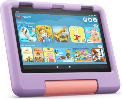 A tablet with a purple protective case and a pink handle, displaying various children's apps on its screen.