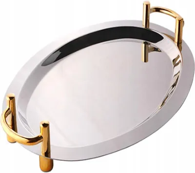 Produktbild von Edelstahl Serviertablett oval mit goldfarbenen Griffen, Deko- und Partyteller