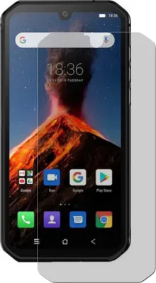 A smartphone screen protector is shown on a smartphone displaying a volcano wallpaper.