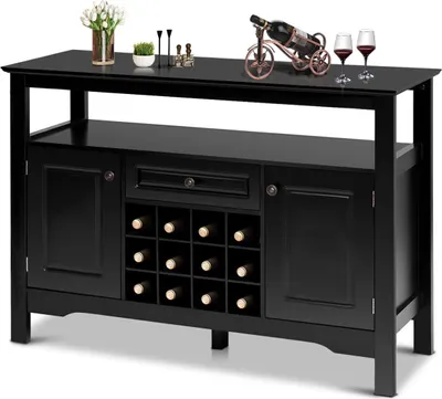 Produktbild von KOMFOTTEU Sideboard Küchenschrank mit Weinflaschen, Buffetschrank Weinschrank Holz, Beistellschrank Küche Kommode 117×40,5×85,5cm für Wohnzimmer Küche Esszimmer (Schwarz)