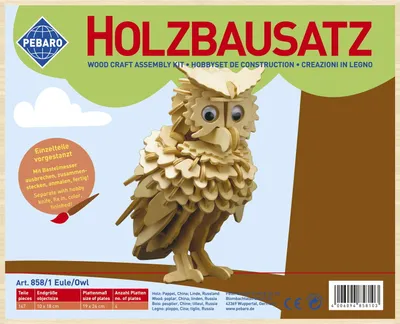 Obrázok produktu pre Pebaro 858/1, stavebnica na drevenú sovu, 3D puzzle, modelárska stavebnica, tvorivosť s drevom, drevená puzzle sova, predvŕtaná drevená doska, vrátane brúsneho papiera, jednoduchá montáž: vyberte diely, poskladajte, hotovo, ideálna ako darček