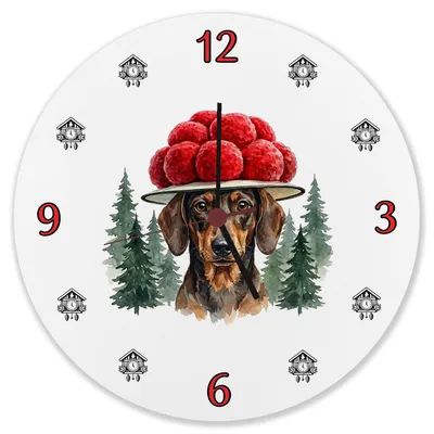 Produktbild von Dackel mit Bollenhut Wanduhr aus Alu Schwarzwald Motiv
