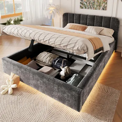 Obrázek produktu pro Postel s čalouněnou konstrukcí, rozměry 140x190 cm, šedá barva, potah z lnu, s LED osvětlením, USB a Type-C porty, se dvěma zásuvkami a úložným prostorem v čele postele, ideální do ložnice