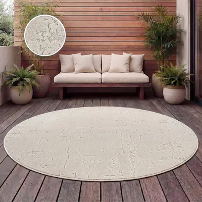 Produktbild von Outdoor Teppich Wetterfest Balkon Wohnzimmer Skandinavisch Boho Einfarbig Creme Grösse 200 cm Rund