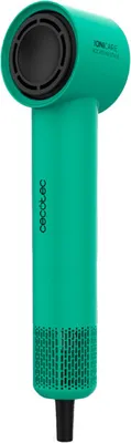 A studio shot of a green hairdryer against a white background.