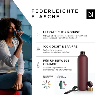 Produktbild von LARS NYSØM Trinkflasche 1l | Ultraleichte Tritan Sport Flasche, Kohlensäure geeignet | Ideal für Sport, Büro, Yoga | 2 Deckel inkludiert 1000ml Sage