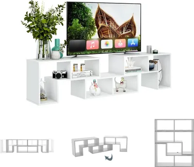 A white TV stand with a television on top, and decorative items on the stand. Below the main image are three smaller images showing different configurations of the TV stand.