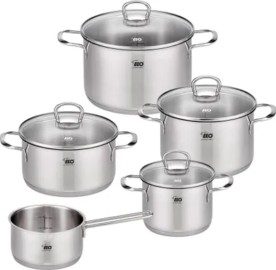 Produktbild von ELO Jaspis Topfset aus Edelstahl 18/8, 9-teilig  Perfekt für jede Küche, hitzebeständig, inklusive Glasdeckel, Ø 16-24 cm
