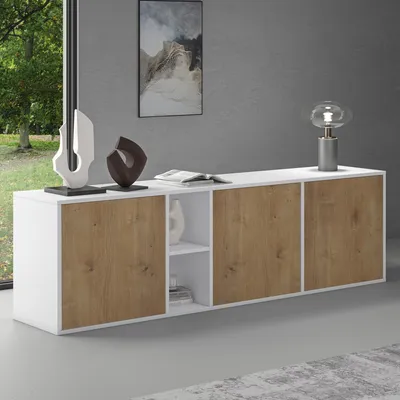Image de doporro Buffet Bas 180 cm Commode Meuble de Rangement Blanc Mat et Chêne Clair Suspendu ou Sur Pied Placard Salon Salle à Manger 3 Portes Schrank02