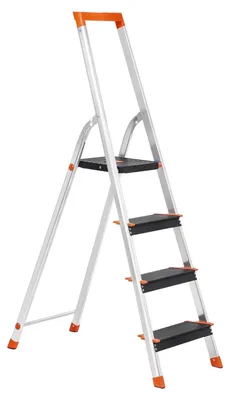 Imagen del producto de Escalera de aluminio con 4 escalones anchos, antideslizante, con espacio para herramientas | Color: plateado, y naranja | Dimensiones: 44 x 83,5 x 143 cm