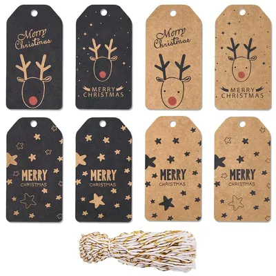 Productafbeelding van Kerstlabels kraftpapier - 7,6 x 4,6 cm - 80 stuks - Met touwtje