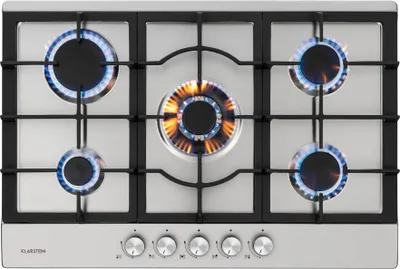 Image de Klarstein Plaque de cuisson gaz encastrée, table de cuisson gaz, brûleur , gaz naturel/gaz propane, soupapes sécurité, arrêt automatique, porte-casseroles en fonte, 5 brûleurs (Argent)