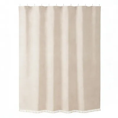 Produktbild von Boho-Duschvorhang mit Quasten, Duschvorhang im Landhausstil, Fransenrand, Ösen und Haken für Badezimmer und Wohnmobile