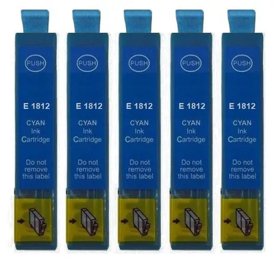 Five blue ink cartridges are lined up against a white background.