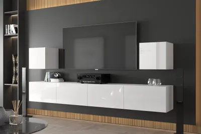 Produktbild von Furnitech Wohnwand Wohnzimmer - Wohnzimmer Möbel mit LED Blau - Hängend Wohnwand Modern - Regale und TV Schrank (Lace AN22-18W-HG2 1C)