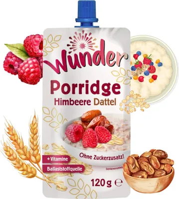 Produktbild von WUNDER Quetschie Himbeere Dattel 120g mit Haferflocken Ballaststoffquelle Vitamine, ohne Zuckerzusatz