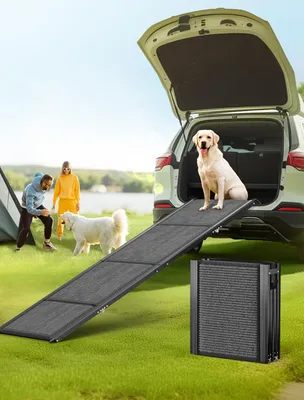 Produktbild von Klappbare Hunderampe für Autos, tragbare Haustiertreppe mit rutschfester Teppichoberfläche, extra breite Stufen für mittelgroße und große Hunde bis 113 kg, 170x44 cm