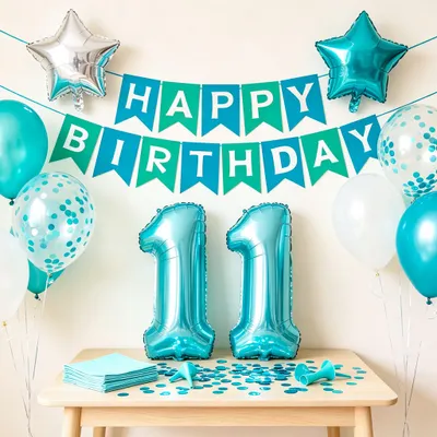 11. Geburtstag Deko-Set: Banner, Zahl 11, Ballons, blau-grün