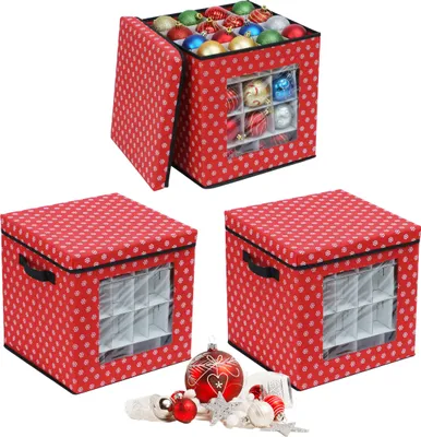 Zdjęcie produktu dla Pudełko do przechowywania bombek świątecznych Relaxdays, zestaw 3 sztuk, wys. x szer. x gł.: 33 x 33 x 33 cm, flizelin, tektura, pudełko na bombki świąteczne, czerwone