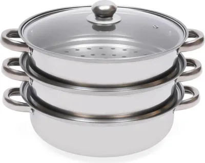 Produktbild von Dampfgarer Topf aus Edelstahl - Dreistöckig - 32,5 × 25 cm - Stapelbar - Glasdeckel - Für Induktion & Gasherd - Silber