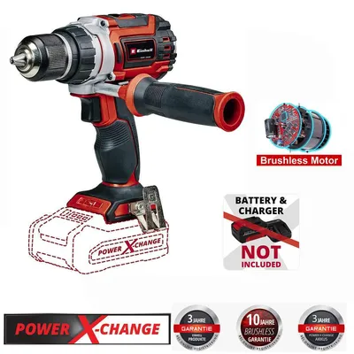 A product image of a cordless drill with accompanying marketing graphics.