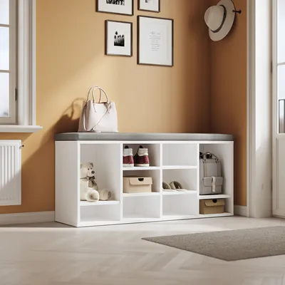 Produktbild von SONNI Schuhschrank weiß mit Kissen 103.5x30x48cm verstellbare Trennwand Schuhhocker Schuhregal