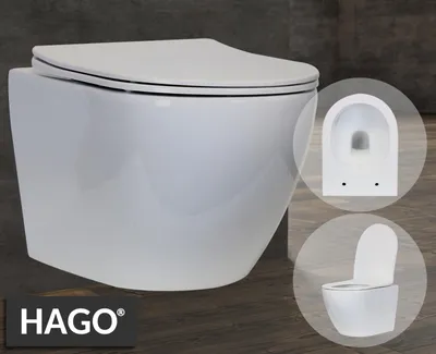 Produktbild von HAGO24 Spülrandloses Hänge-WC Keramik Nano-Beschichtung Lotus-Effekt 490mm Softclose WC-Sitz Abnehmbar FixClip Duroplast Abfluss Ø100mm Weiß