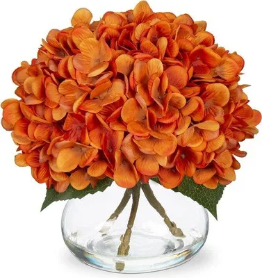 Immagine prodotto di Ortenzia artificiale arancione, fiore di seta, decorazione in vaso di vetro