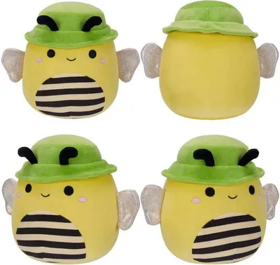A collage of four images showing a plush bee toy from different angles.