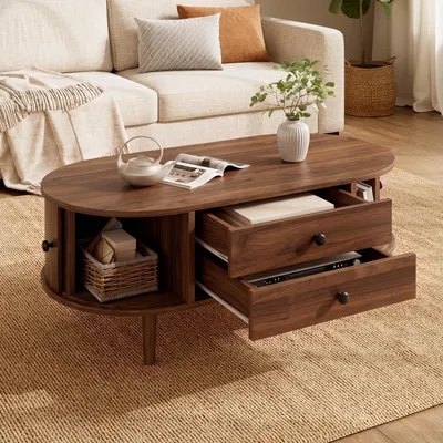 Produktbild von okwish Couchtisch mit zwei Schubladen und Schiebetüren, ovaler Sofatisch Viel Stauraum, vertikales Streifendesign, Nussbaum