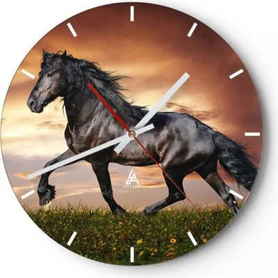 Produktbild von Wanduhr - Rund - Glasuhr - Pferd Tier Wiese - 30x30cm - Schleichendes Uhrwerk - Lautlos - zum Aufhängen bereit - Dekoration Modern - Wanddekoration aus Glas - C3AR30x30-2608