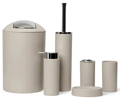 Produktbild von 6tlg Badset Badezimmer Zubehör Set Organizer: (Beige Design 2a) Seifenspender, Zahnputzbecher, Kosmetikeimer, WC Bürste, Seifenschale, Mülleimer
