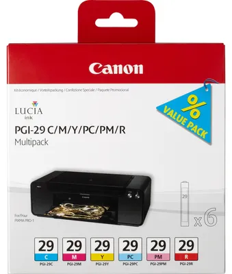 Produktbild von Canon PGI-29 C/M/Y/PC/PM/R Multipack mit 6 Tinten, Cyan, Magenta, Foto zyan, Foto magenta, Rot, Gelb, Tinte auf Pigmentbasis, Tinte auf Pigmentbasis, 6 Stück(e), 1345 Seiten, Multipack