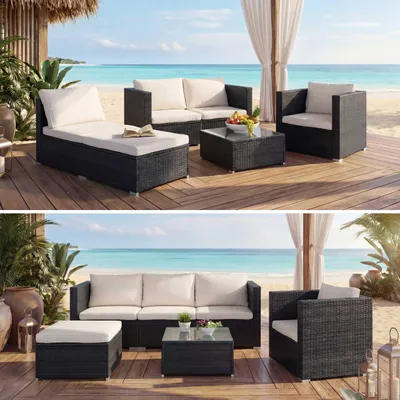 Zdjęcie produktu dla Zestaw rattanowy Brescia, zestaw ogrodowy sofa lounge ~ czarny, poduszki kremowe
