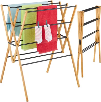 Immagine prodotto di Stendibiancheria Relaxdays, pieghevole, 12 aste, A x L x P: 93 x 70 x 62 cm, bambù, metallo, stendibiancheria a torre, naturale/nero