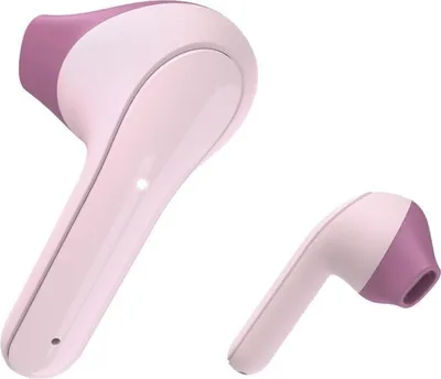 Two pink and purple wireless earbuds are shown against a white background.