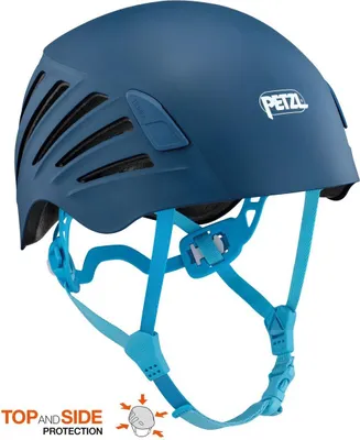 Blauer Petzl Borea Helm mit Belüftungsschlitzen und verstellbarem Kinnriemen