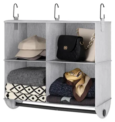 Image de Étagère suspendue pour armoire avec tringle métallique, rangement suspendu pour armoire, rangement peu encombrant pour armoire, rangement suspendu pour vêtements et chaussures dans la chambre, gris et blanc
