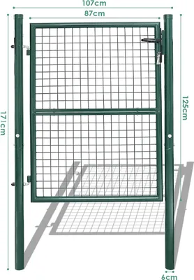A green metal garden gate with dimensions indicated by measurement lines and text.