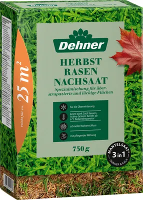 Produktbild von Dehner Saatgut Herbst-Nachsaat, hochwertige Mantelsaat für dichten und regenerierten Rasen, schnell keimend / nährstoffreich / robust, ideal zur Auffrischung nach dem Sommer, 750 g für ca. 25 m²