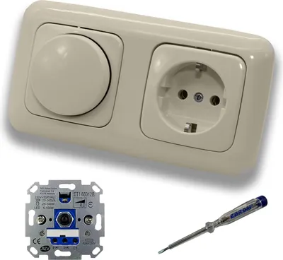 Produktbild von REV Ritter LED Drehdimmer Dimmer + Busch Jäger Dimmerscheibe 2115-212 und Steckdose mit Kinderschutz 20EUCKS-212 in DURO2000 cremeweiß glänzend + EBROM Phasenprüfer zur Montage der Geräte ET1 66012B