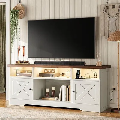 Image de Meuble TV, modèle bas avec prises électriques, ports USB et éclairage LED. Table basse TV avec 4 compartiments ouverts et 2 tiroirs. Convient comme meuble TV pour le salon et la chambre. Dimensions : 150 x 35 x 65 cm. Couleur : blanc et noyer