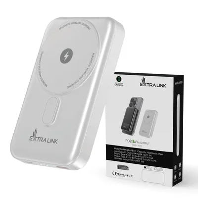 Productafbeelding van Extralink Powerbank 10000 mAh 38,5 Wh, PD 20 W, Qi 15 W, USB-C, USB-A, Wit
