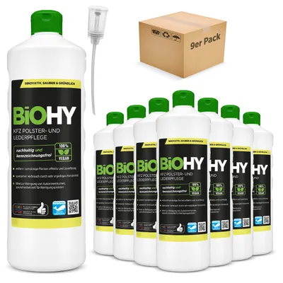 Produktbild von BIOHY KFZ Polster- & Lederpflege (9x1l Flasche) + Dosierer | KFZ- Aufbereitung | Cockpitreiniger für Reinigungspistolen | Hinterlässt einen angenehmen Geruch | Fleckenentferner für Autositze